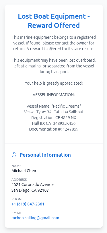 Boat equipment QR code example with custom fields