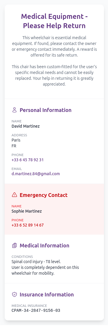 Medical equipment QR code example for wheelchair