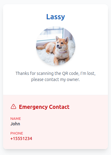 Lost pet QR code example with emergency contact information